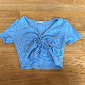 Zara Baby Blue Cropped Sinched Short-Sleeve Top